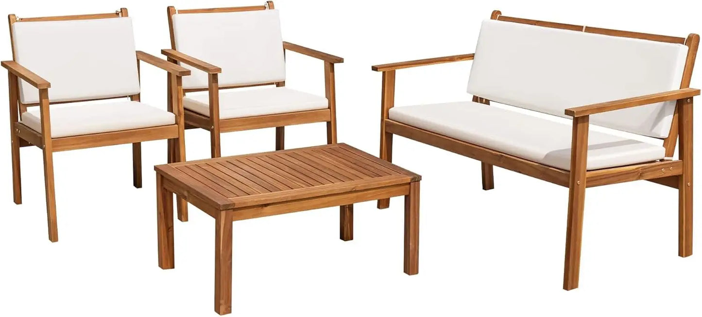 Flamaker Patio Chairs 3 Piece Acacia Wood Patio Furniture with Coffee Table & Cushions Outdoor Conversation Set Balcony Chairs