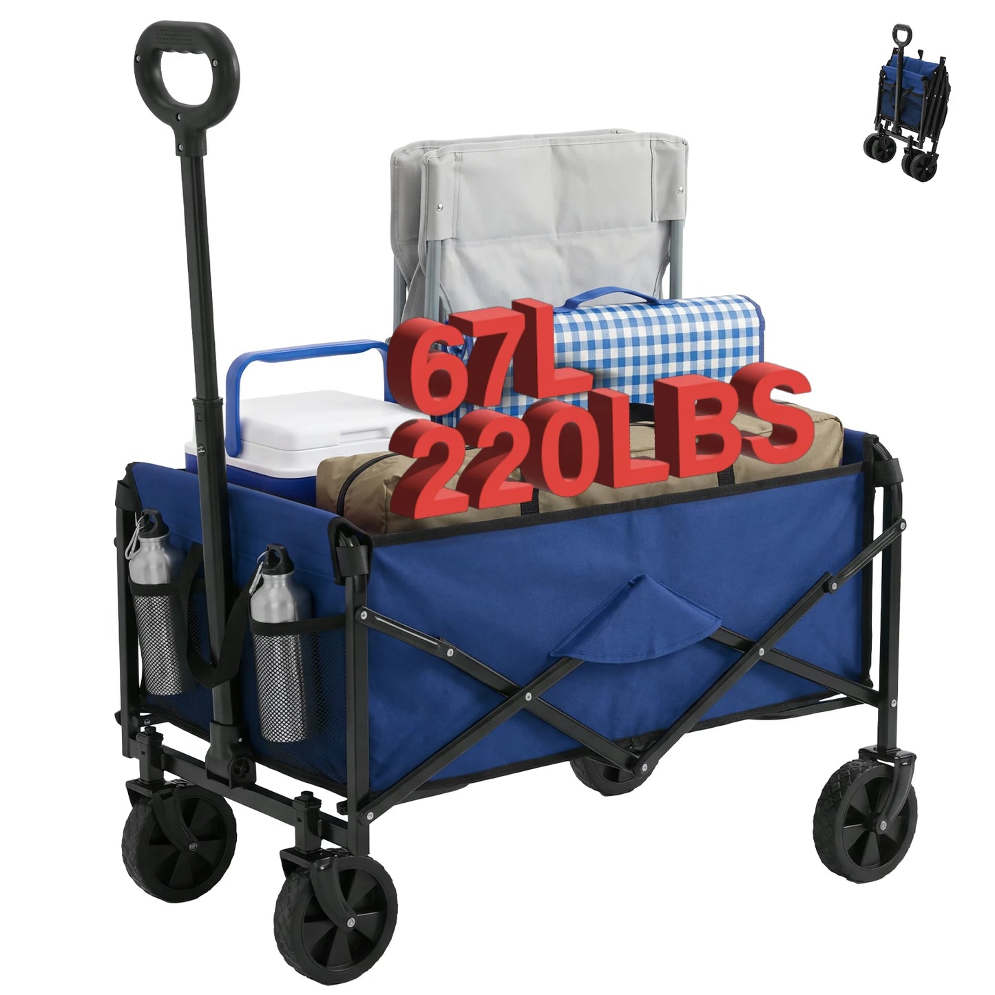 JHK 67L Heavy Duty Collapsible Wagon Cart Utility Folding Wagon with Wheels 220 lbs Weight CapacityFlexible Handle for Beach