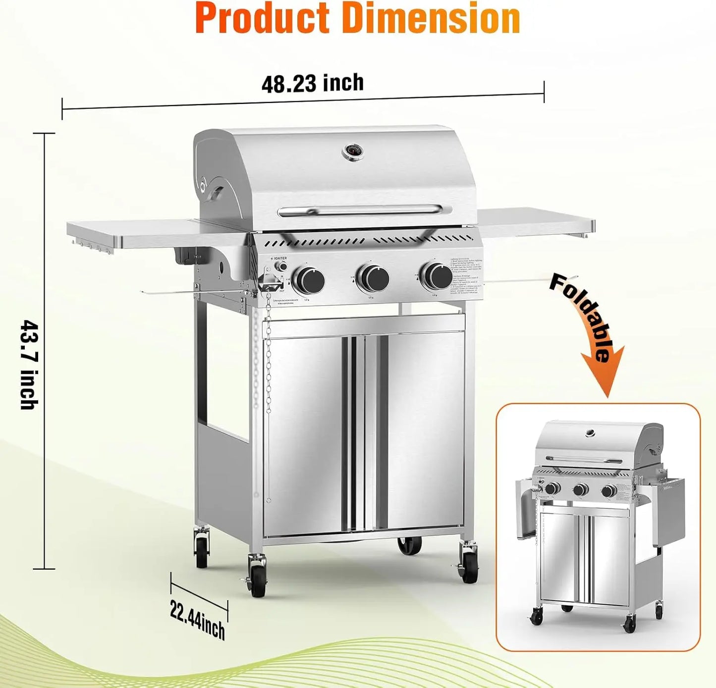 3-Burner Propane Gas Grill with Folding Side Tables, Stainless Steel 24,000 BTU BBQ Grill, Outdoor Barbecue Grill for Patio, Camping