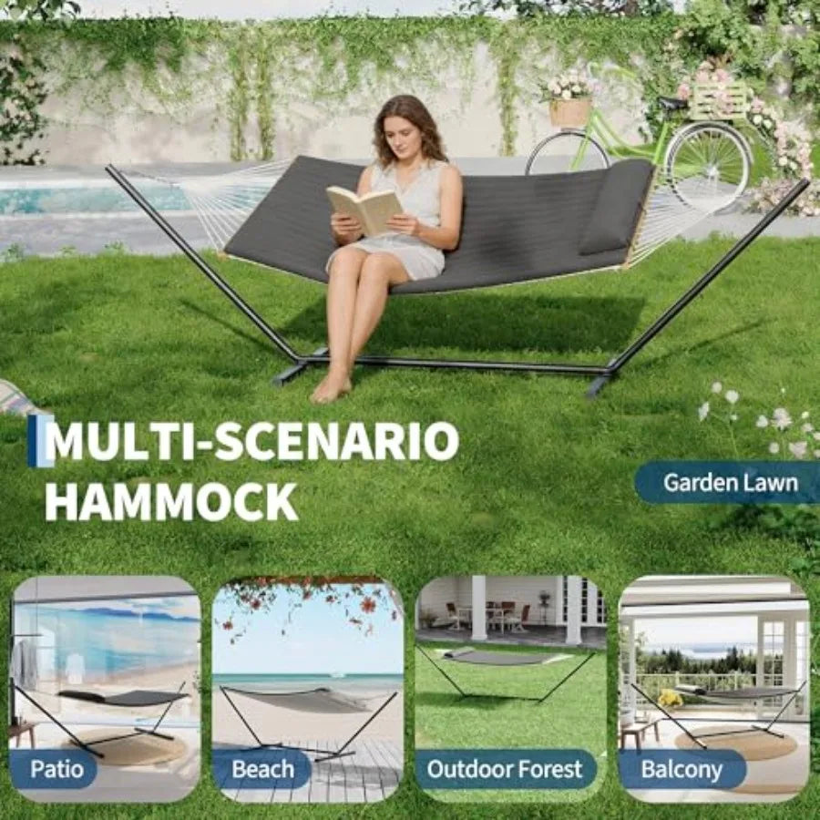 2 Person Portable Double Hammock for Outdoor with Pillow, Heavy Duty Portable Hammock with Adjustable Steel Stand for Patio, Ga