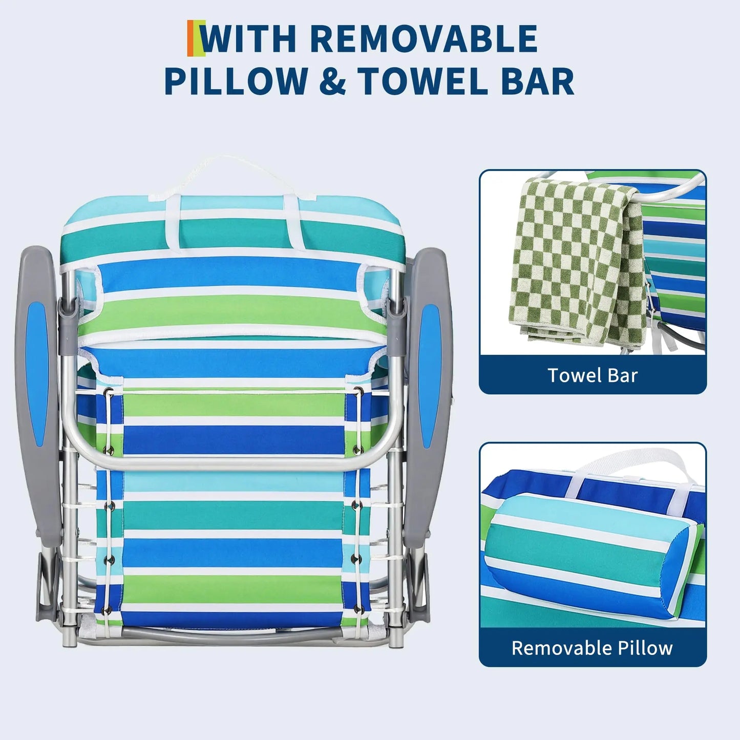 5-Position Reclining Lightweight Beach Chair for Adults, Low Seat Height Folding Lounge with Lace-Up Suspension, Detachable Pillow, Cup Holder & Towel Bar – Portable Backpack Chair for Outdoor Camping & Beach Trips