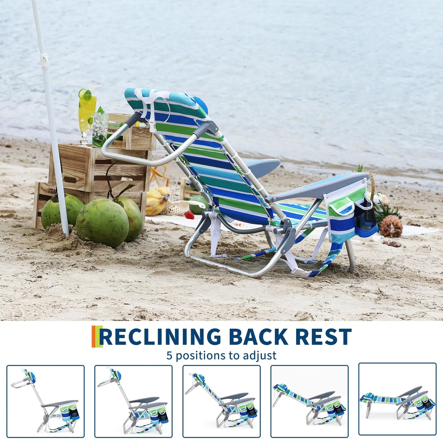 5-Position Reclining Lightweight Beach Chair for Adults, Low Seat Height Folding Lounge with Lace-Up Suspension, Detachable Pillow, Cup Holder & Towel Bar – Portable Backpack Chair for Outdoor Camping & Beach Trips