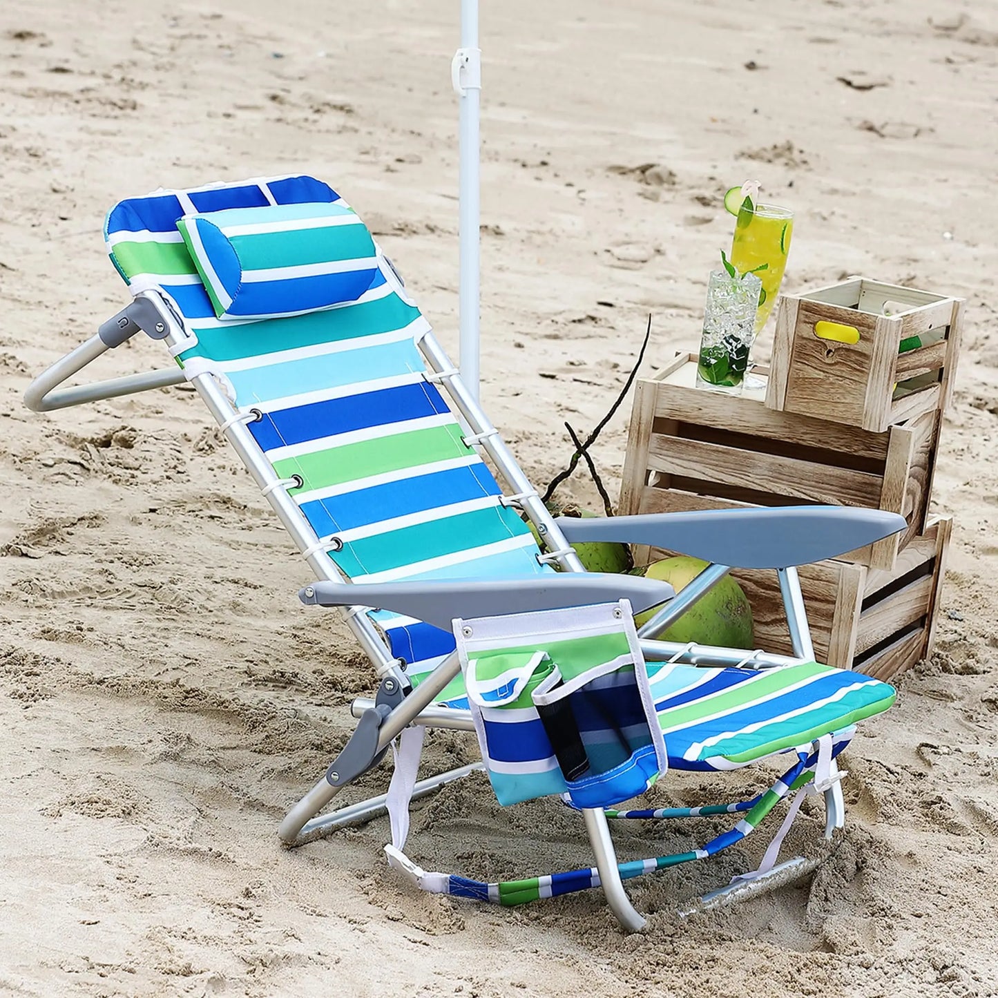 5-Position Reclining Lightweight Beach Chair for Adults, Low Seat Height Folding Lounge with Lace-Up Suspension, Detachable Pillow, Cup Holder & Towel Bar – Portable Backpack Chair for Outdoor Camping & Beach Trips