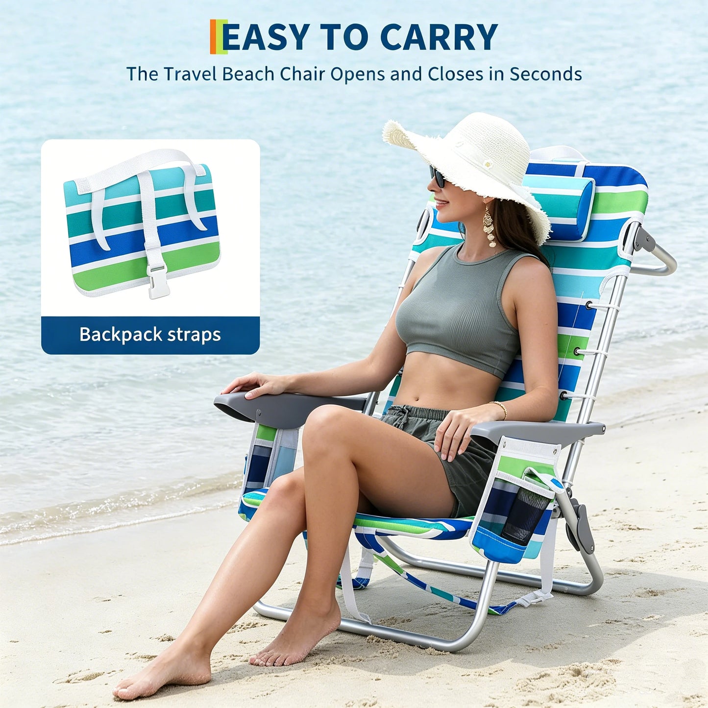 5-Position Reclining Lightweight Beach Chair for Adults, Low Seat Height Folding Lounge with Lace-Up Suspension, Detachable Pillow, Cup Holder & Towel Bar – Portable Backpack Chair for Outdoor Camping & Beach Trips