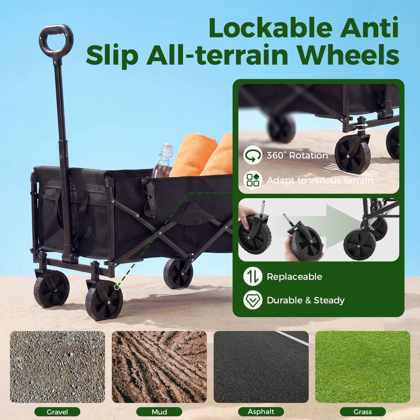 JHK 67L Heavy Duty Collapsible Wagon Cart Utility Folding Wagon with Wheels 220 lbs Weight CapacityFlexible Handle for Beach