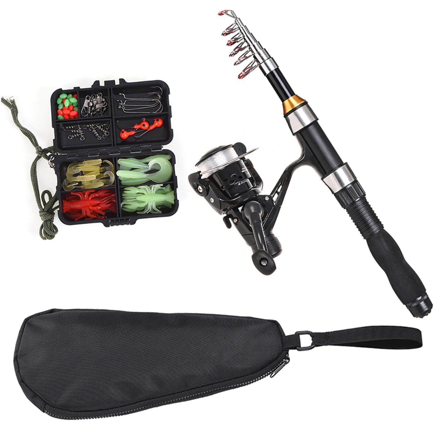 US Fishing Rod Reel Combo Full Kit 1.5m Telescopic Fishing Rod Spinning Reel Set with Hook Soft Lures Barrel Swivels Storage Bag