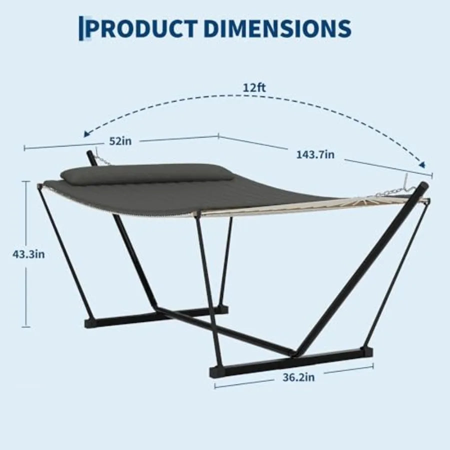 2 Person Portable Double Hammock for Outdoor with Pillow, Heavy Duty Portable Hammock with Adjustable Steel Stand for Patio, Ga