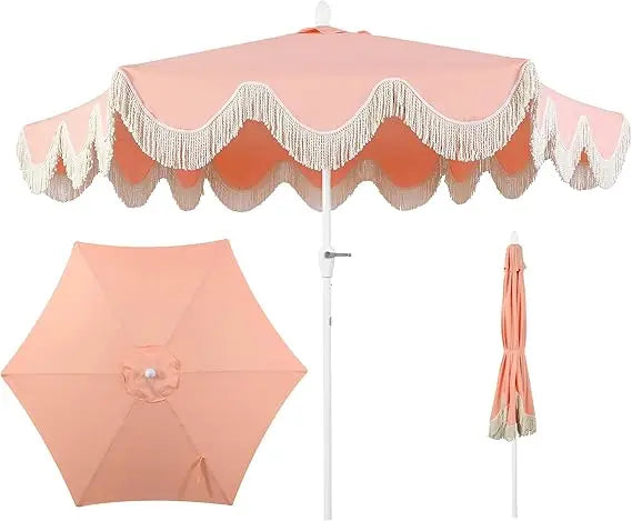 UMB1001J Collins 9 ft. Classic Cottage Fringe Tassel Market Patio Umbrella with Auto-Tilt Crank, Wind Vent and UV Protection in