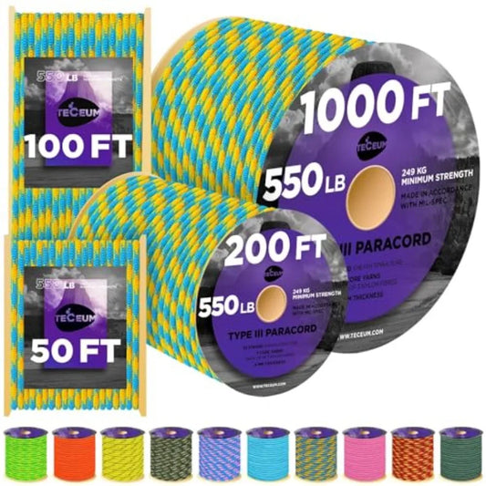 Reflective Paracord Rope 1000 1000ft/200ft/100ft/50ft 40+ Colors Glow in the Dark para Cord Utility Rope for Survival, Hunting