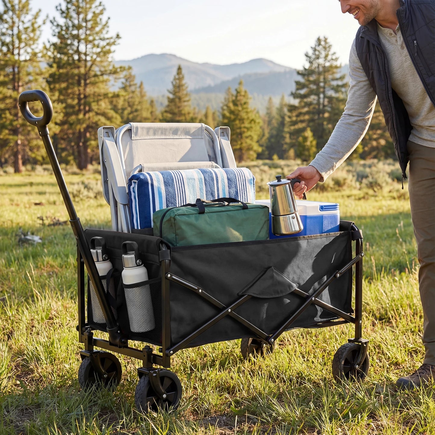 JHK 67L Heavy Duty Collapsible Wagon Cart Utility Folding Wagon with Wheels 220 lbs Weight CapacityFlexible Handle for Beach