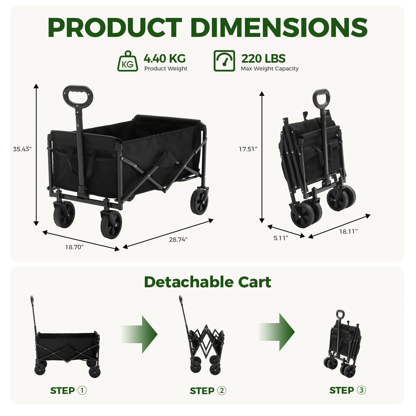 JHK 67L Heavy Duty Collapsible Wagon Cart Utility Folding Wagon with Wheels 220 lbs Weight CapacityFlexible Handle for Beach