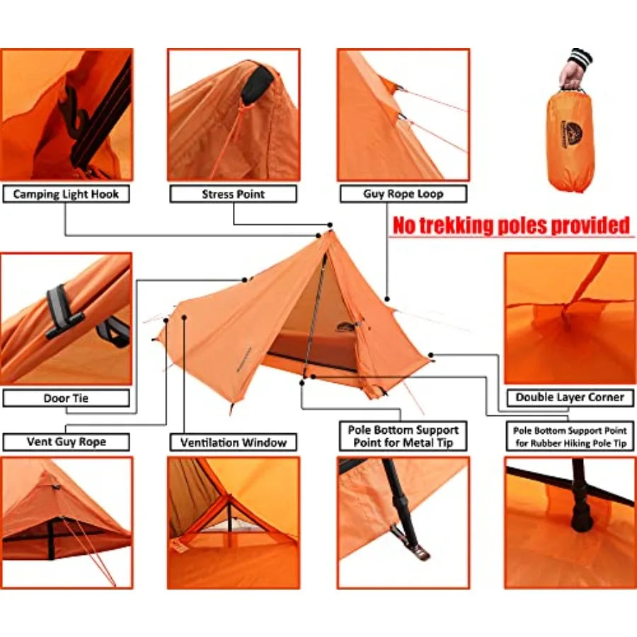 1 Person Trekking Pole Tent for Backpacking - Ultralight Backpacking Tent, Waterproof Hiking Tent for Camping, Lightweight Camp
