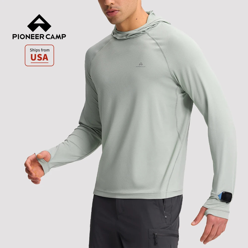 Pioneer Camp Men's UPF 50+ Sun Hoodie Shirt Long Sleeve Quick Dry Rash Guard Thumb Holes Watch Window Fishing Hiking Golf