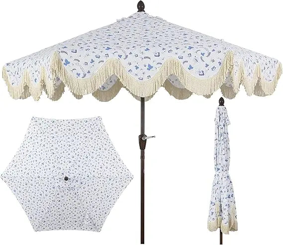 UMB1001J Collins 9 ft. Classic Cottage Fringe Tassel Market Patio Umbrella with Auto-Tilt Crank, Wind Vent and UV Protection in