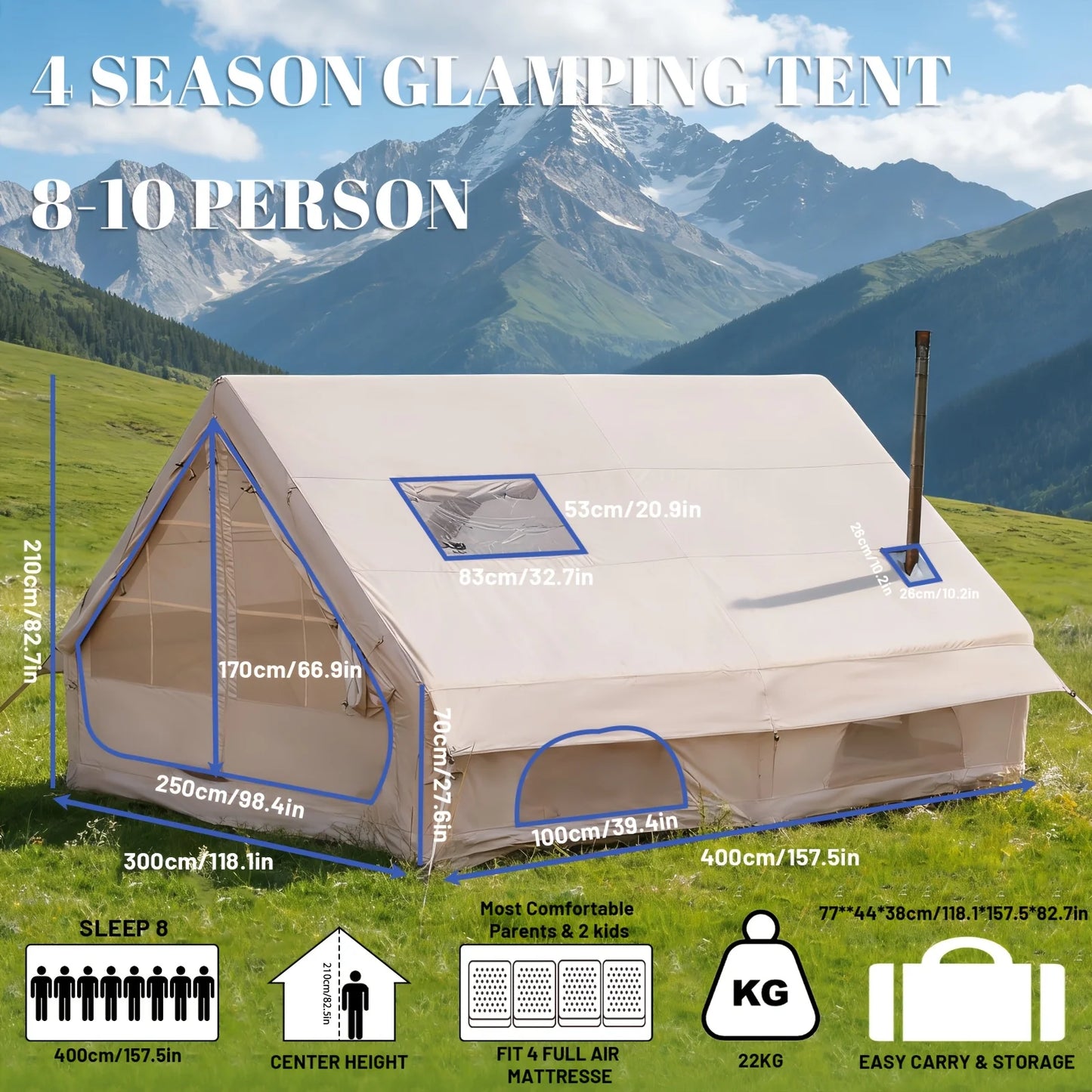 PAKICETUS Large Inflatable Camping Tent with Skylight, Quick Air-Flow & Breathable Mesh Design, Summer Glamping Hot Tents for Ca