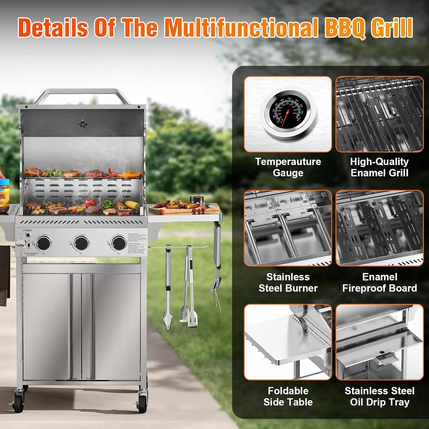 3-Burner Propane Gas Grill with Folding Side Tables, Stainless Steel 24,000 BTU BBQ Grill, Outdoor Barbecue Grill for Patio, Camping
