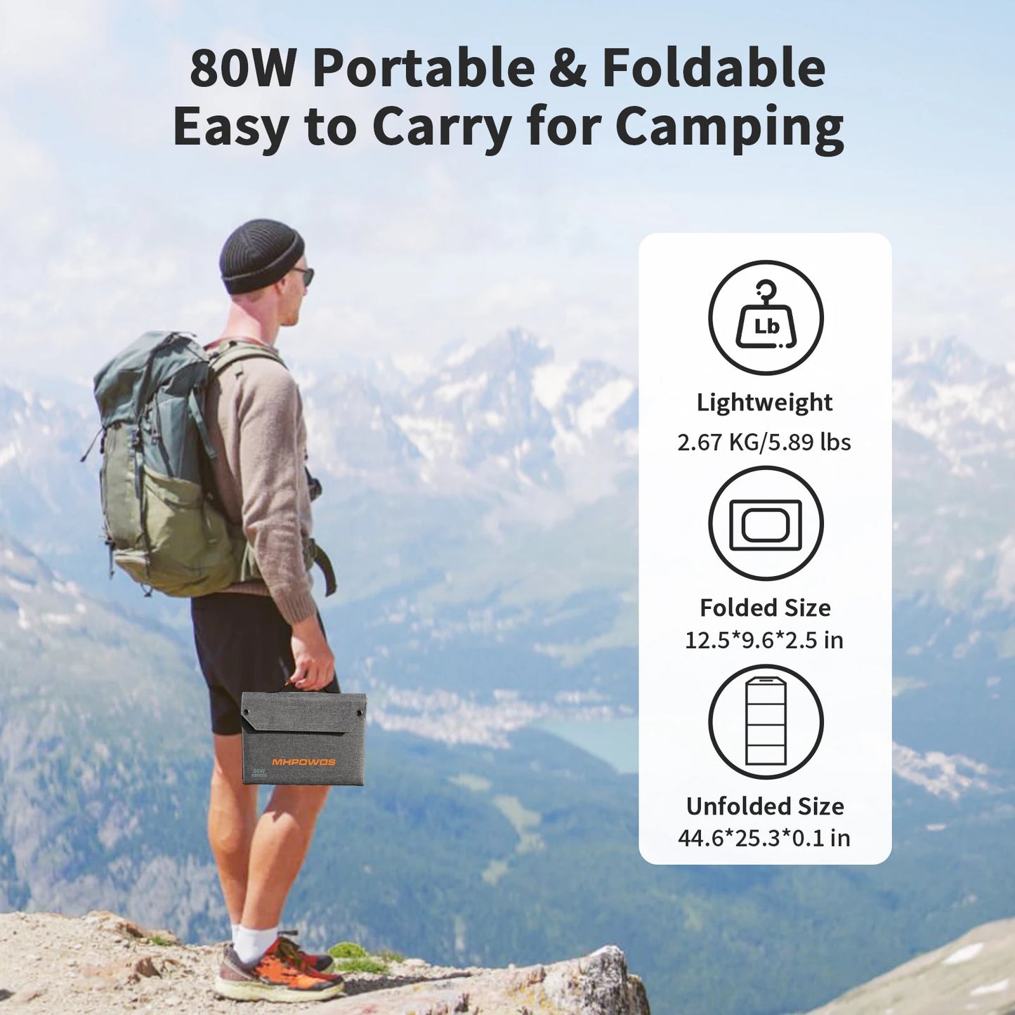 MHPOWOS 80W Foldable Solar Panel Portable Power Supply With 4 Ports (DC/USB-C/2xUSB-A) & 7-in-1 Connector for Emergency Backup