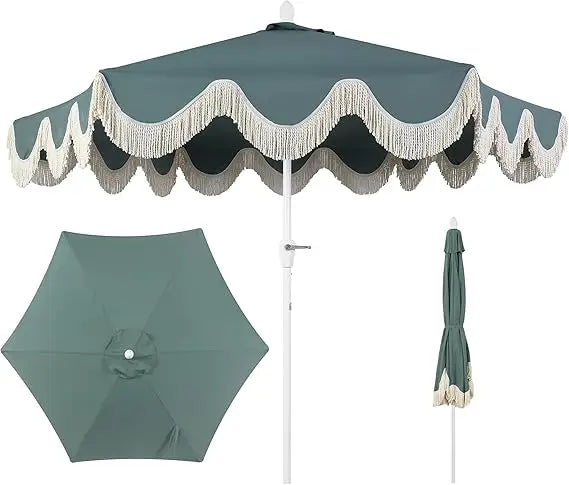 UMB1001J Collins 9 ft. Classic Cottage Fringe Tassel Market Patio Umbrella with Auto-Tilt Crank, Wind Vent and UV Protection in