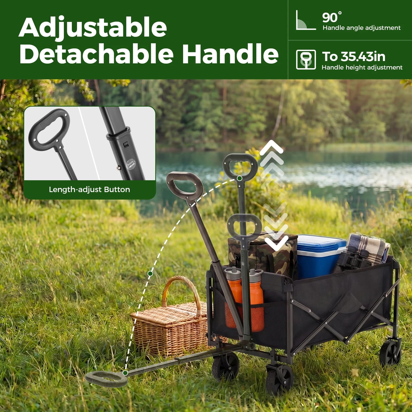 JHK 67L Heavy Duty Collapsible Wagon Cart Utility Folding Wagon with Wheels 220 lbs Weight CapacityFlexible Handle for Beach