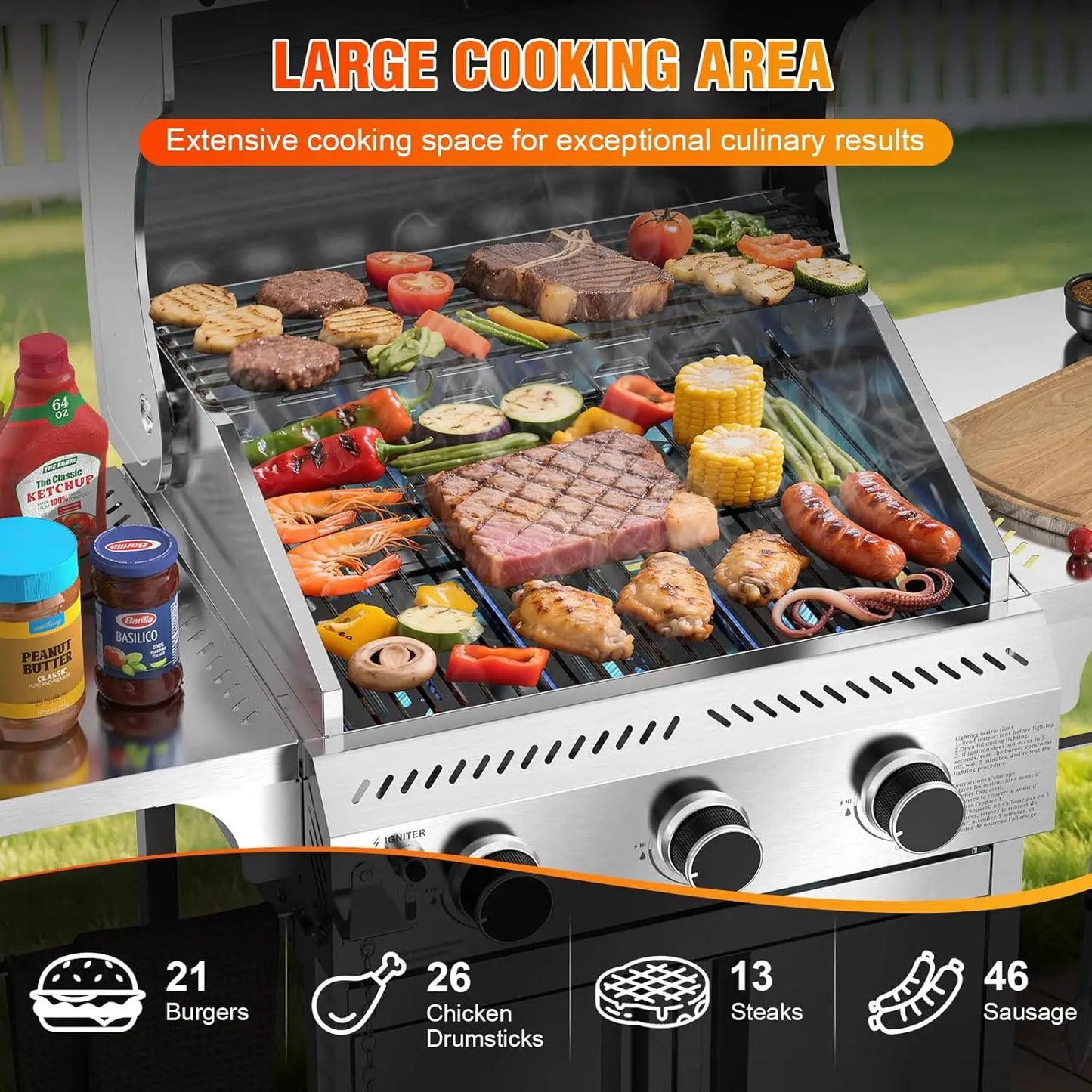3-Burner Propane Gas Grill with Folding Side Tables, Stainless Steel 24,000 BTU BBQ Grill, Outdoor Barbecue Grill for Patio, Camping