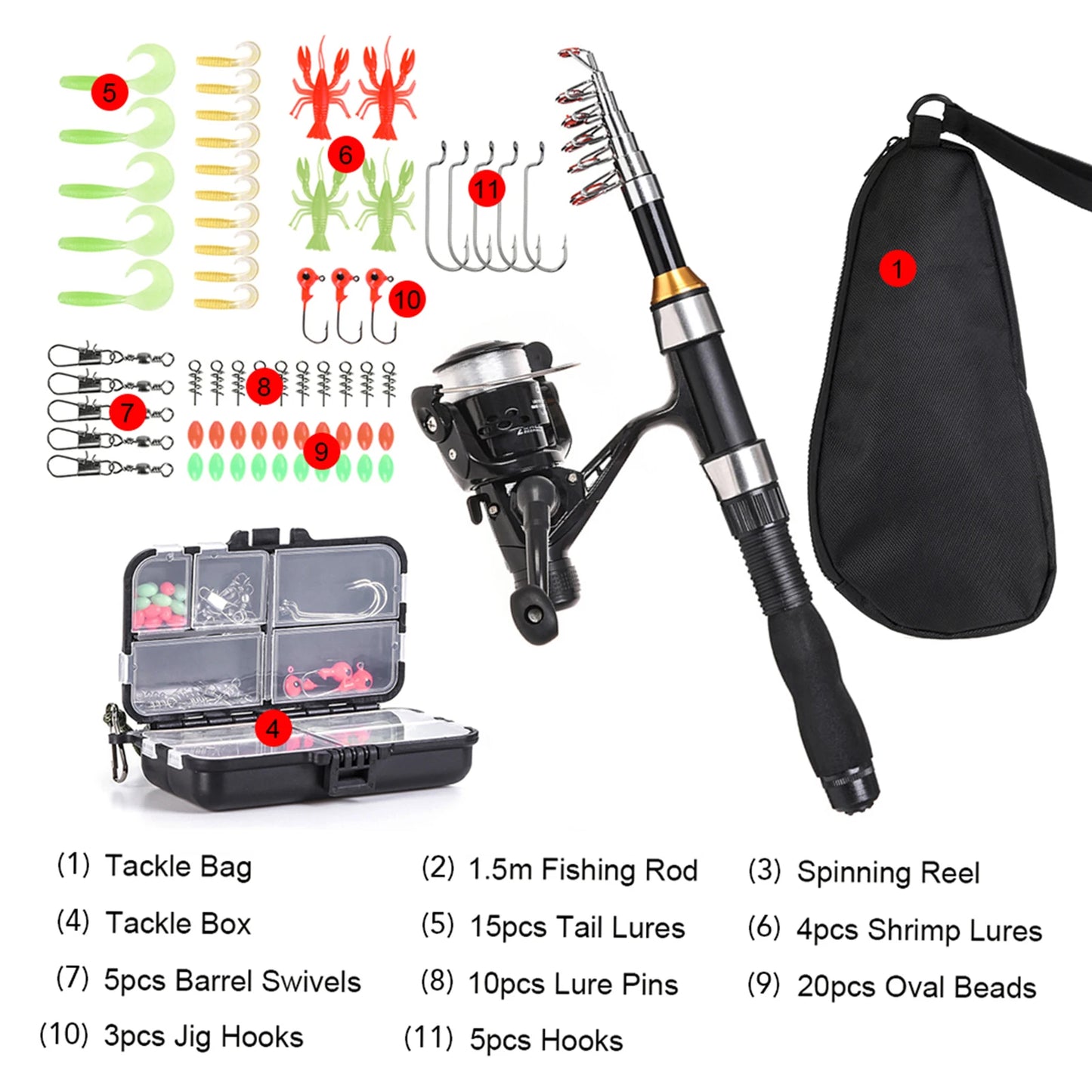 US Fishing Rod Reel Combo Full Kit 1.5m Telescopic Fishing Rod Spinning Reel Set with Hook Soft Lures Barrel Swivels Storage Bag