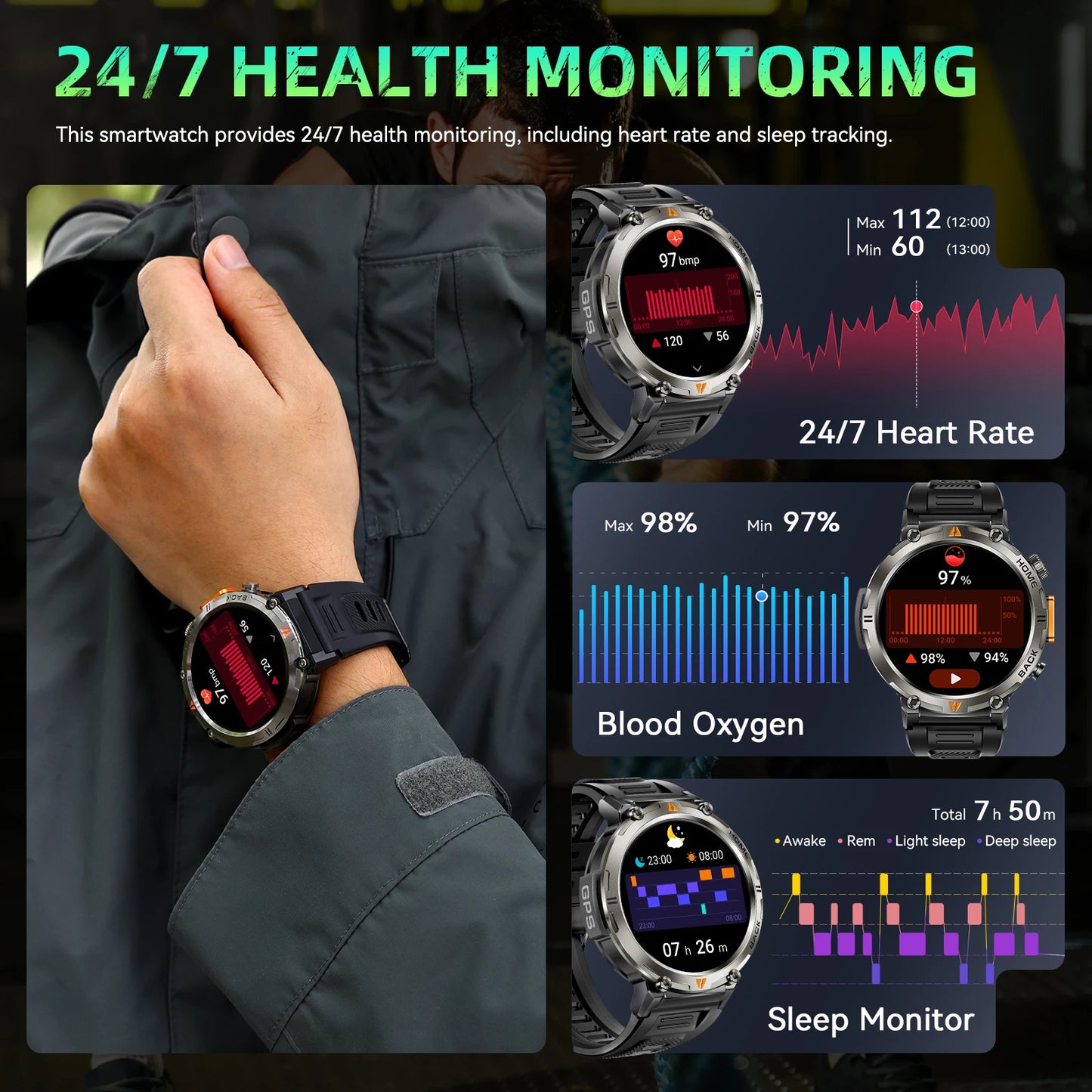 EIGIIS 2025 New Military GPS Smart Watches for Men with LED Flashlight  Activity Heart Rate Tracker Big Battery 3ATM Waterproof