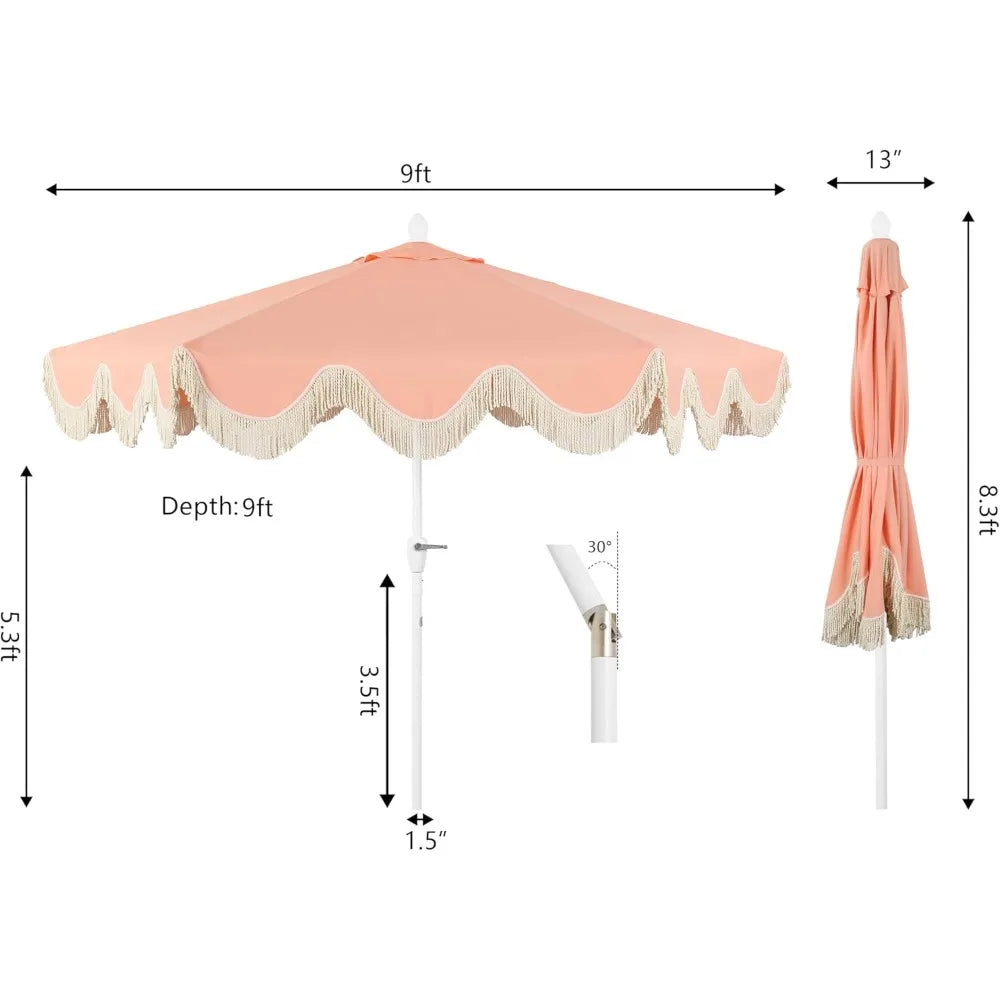 UMB1001J Collins 9 ft. Classic Cottage Fringe Tassel Market Patio Umbrella with Auto-Tilt Crank, Wind Vent and UV Protection in