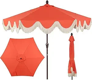 UMB1001J Collins 9 ft. Classic Cottage Fringe Tassel Market Patio Umbrella with Auto-Tilt Crank, Wind Vent and UV Protection in