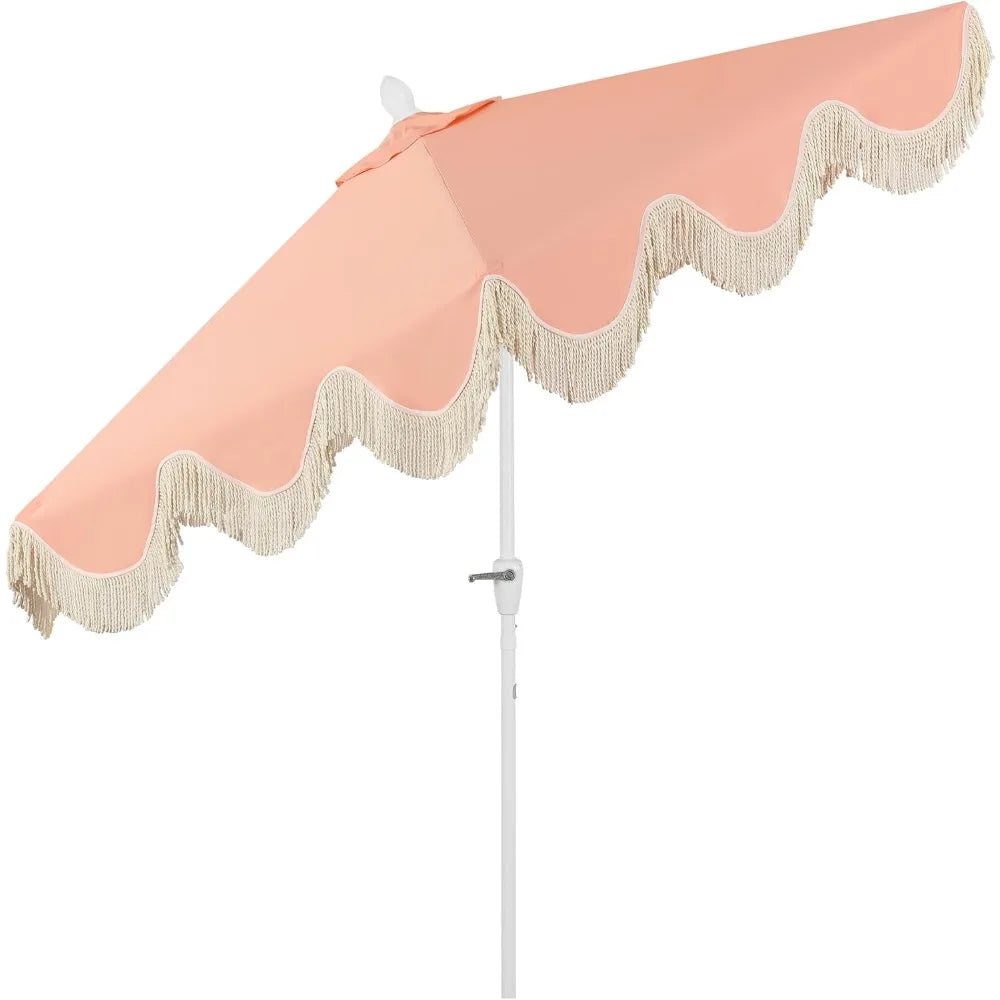 UMB1001J Collins 9 ft. Classic Cottage Fringe Tassel Market Patio Umbrella with Auto-Tilt Crank, Wind Vent and UV Protection in