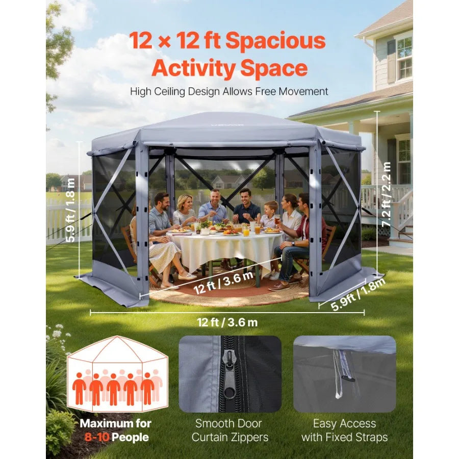 12 x 12 ft Pop Up Gazebo Screen Tent 6-Sided Large Camping Canopy with Removable Top Carry Bag Quick-Set Bite-Proof Screen Hous