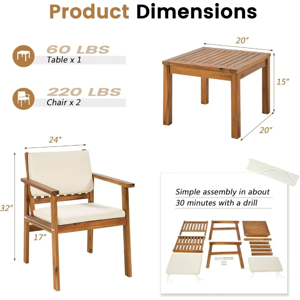 Flamaker Patio Chairs 3 Piece Acacia Wood Patio Furniture with Coffee Table & Cushions Outdoor Conversation Set Balcony Chairs