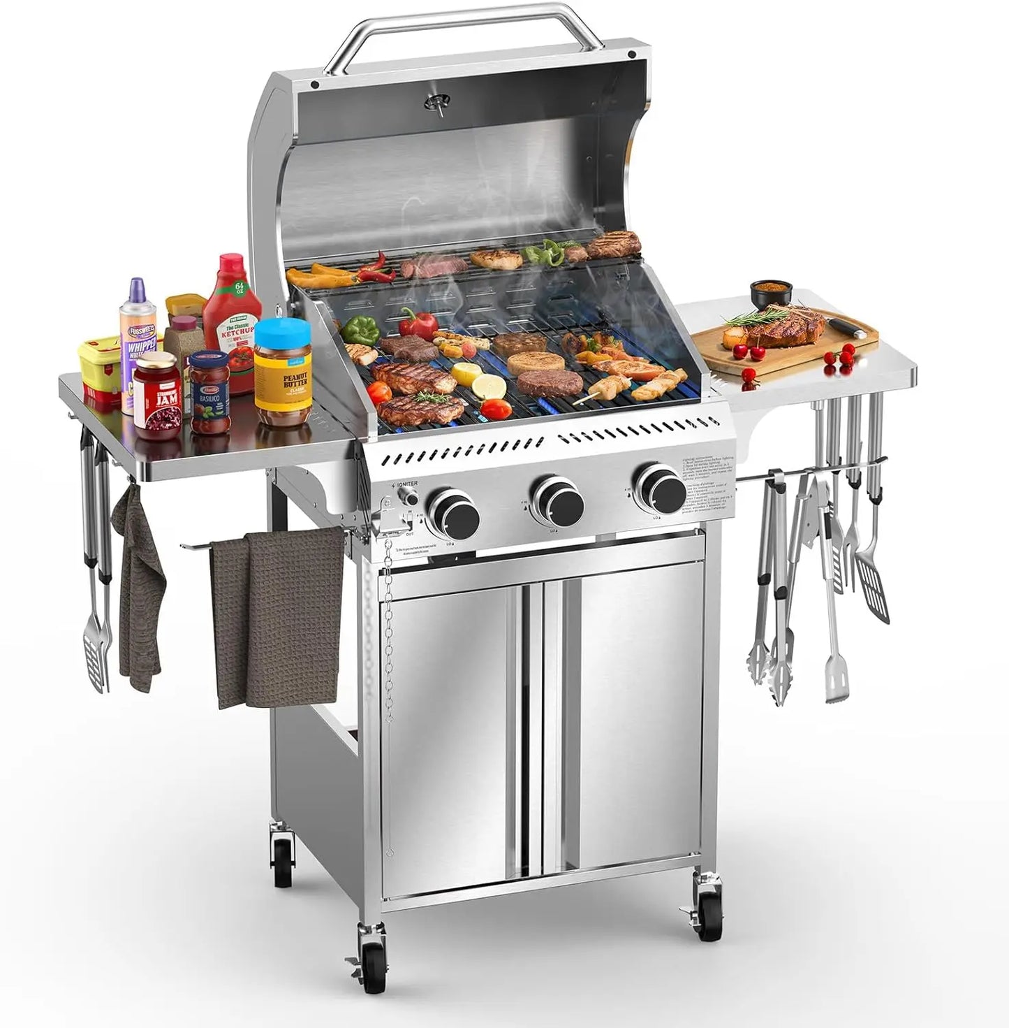 3-Burner Propane Gas Grill with Folding Side Tables, Stainless Steel 24,000 BTU BBQ Grill, Outdoor Barbecue Grill for Patio, Camping