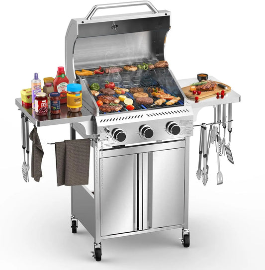 3-Burner Propane Gas Grill with Folding Side Tables, Stainless Steel 24,000 BTU BBQ Grill, Outdoor Barbecue Grill for Patio, Camping