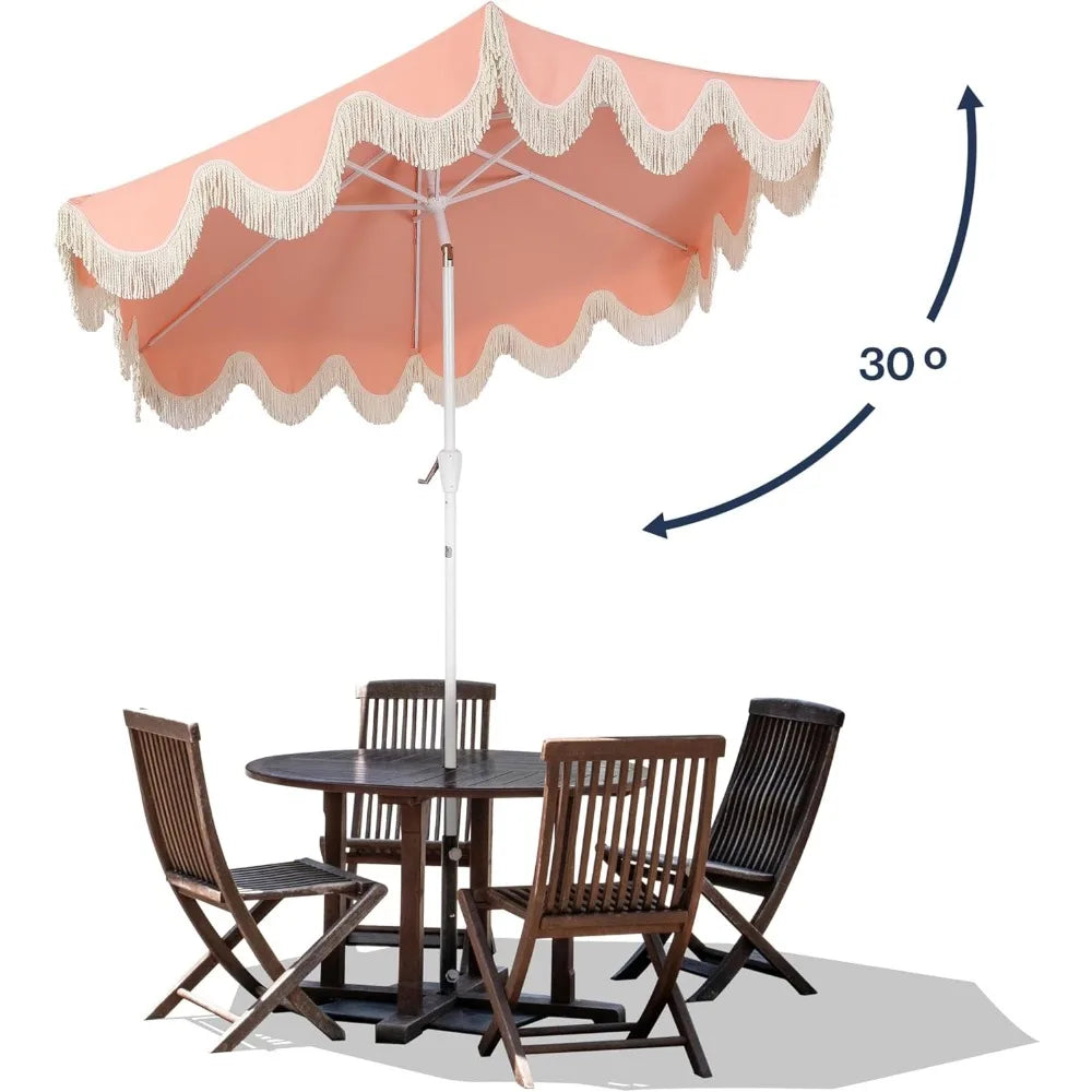 UMB1001J Collins 9 ft. Classic Cottage Fringe Tassel Market Patio Umbrella with Auto-Tilt Crank, Wind Vent and UV Protection in