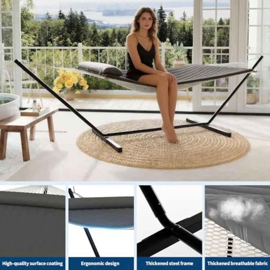 2 Person Portable Double Hammock for Outdoor with Pillow, Heavy Duty Portable Hammock with Adjustable Steel Stand for Patio, Ga