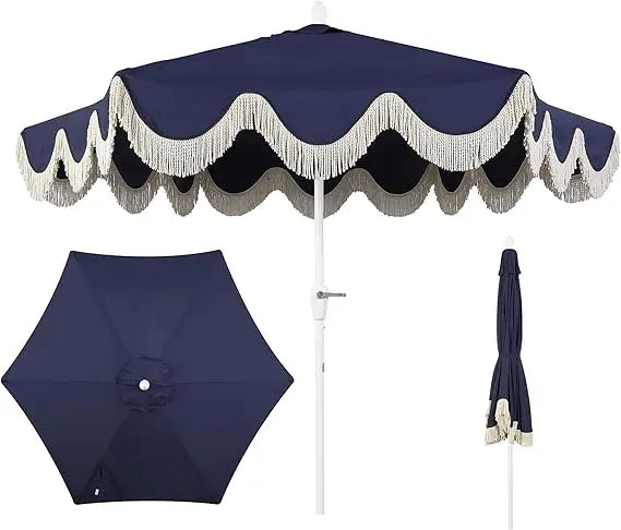 UMB1001J Collins 9 ft. Classic Cottage Fringe Tassel Market Patio Umbrella with Auto-Tilt Crank, Wind Vent and UV Protection in