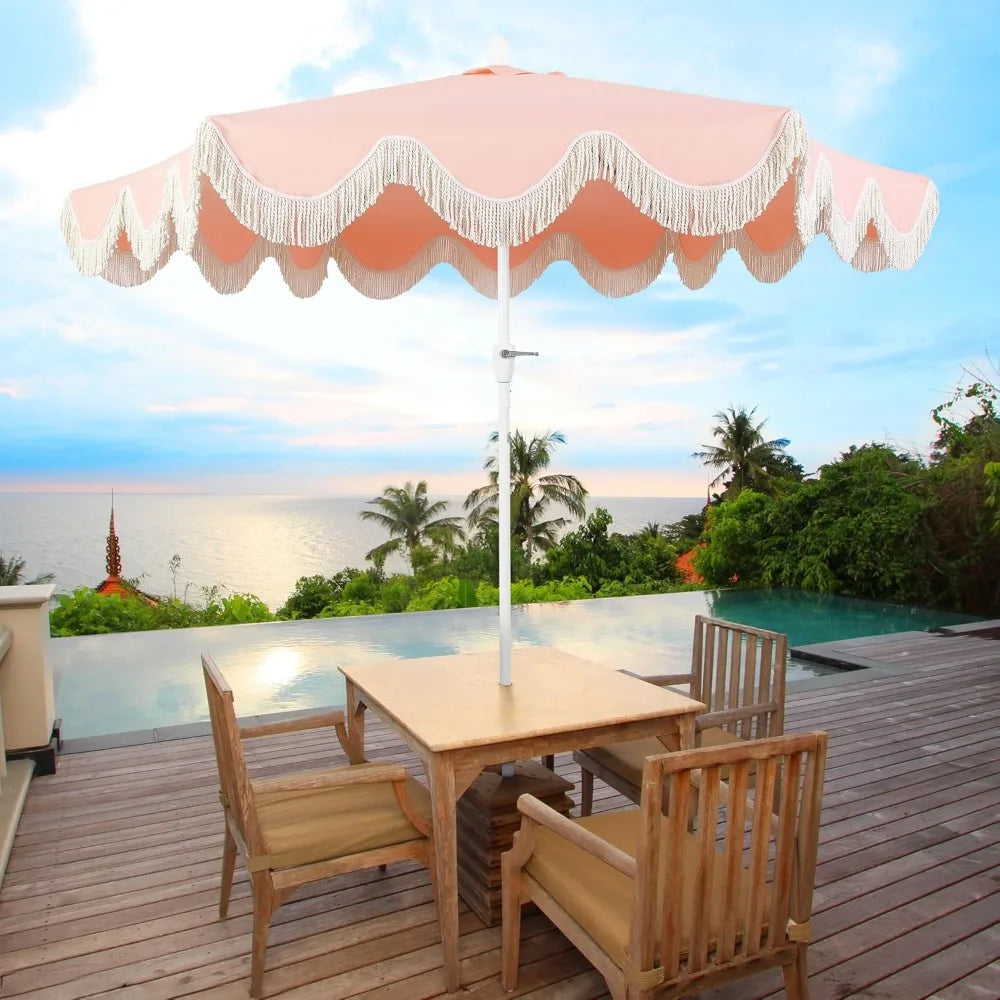 UMB1001J Collins 9 ft. Classic Cottage Fringe Tassel Market Patio Umbrella with Auto-Tilt Crank, Wind Vent and UV Protection in