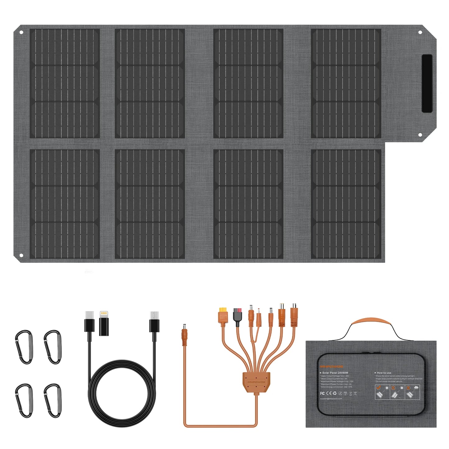 MHPOWOS 80W Foldable Solar Panel Portable Power Supply With 4 Ports (DC/USB-C/2xUSB-A) & 7-in-1 Connector for Emergency Backup