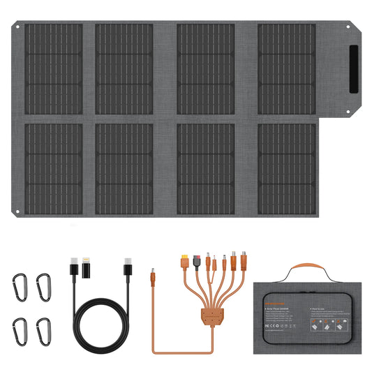 MHPOWOS 80W Foldable Solar Panel Portable Power Supply With 4 Ports (DC/USB-C/2xUSB-A) & 7-in-1 Connector for Emergency Backup