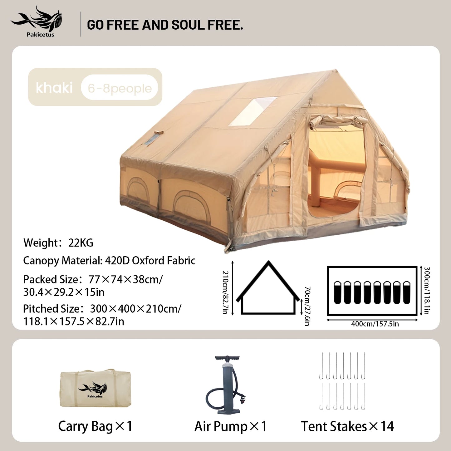 PAKICETUS Large Inflatable Camping Tent with Skylight, Quick Air-Flow & Breathable Mesh Design, Summer Glamping Hot Tents for Ca