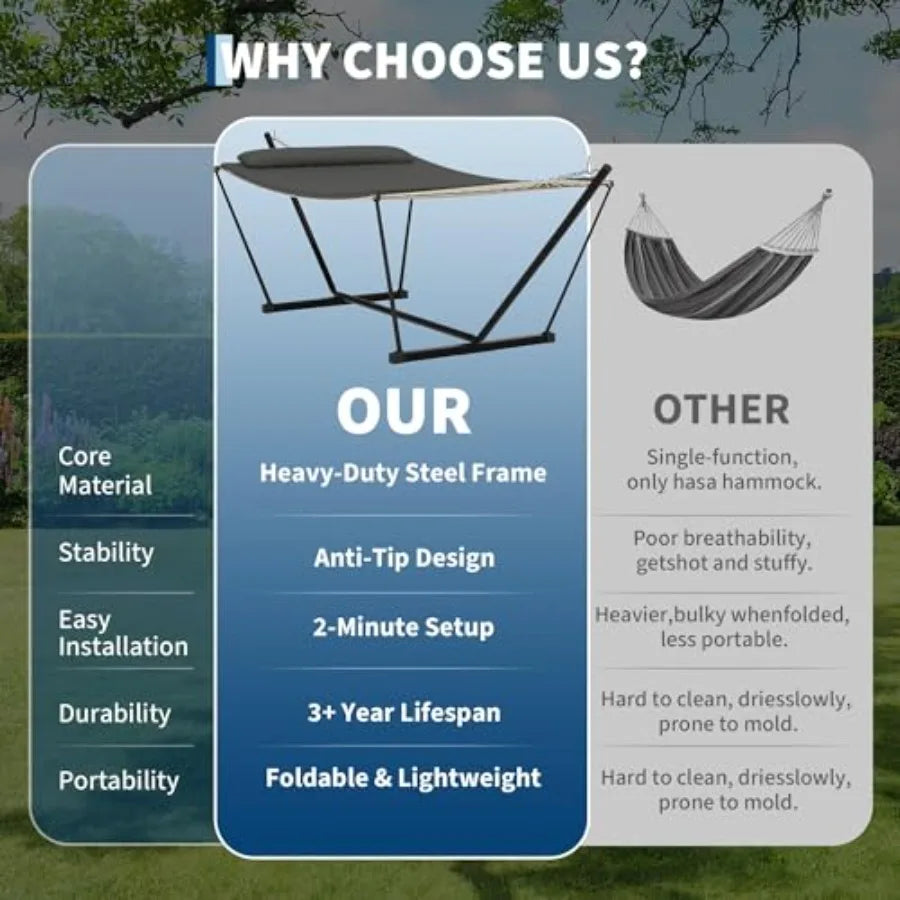 2 Person Portable Double Hammock for Outdoor with Pillow, Heavy Duty Portable Hammock with Adjustable Steel Stand for Patio, Ga