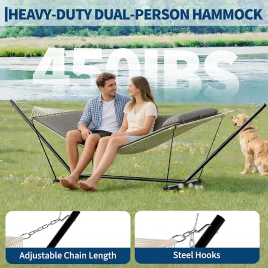 2 Person Portable Double Hammock for Outdoor with Pillow, Heavy Duty Portable Hammock with Adjustable Steel Stand for Patio, Ga