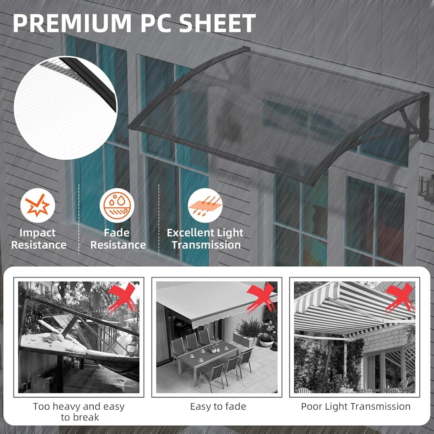 Awning Canopy for Door Window UV Rain Snow Sunlight Protection Polycarbonate Hollow Sheet Outdoor canopy Easy Install