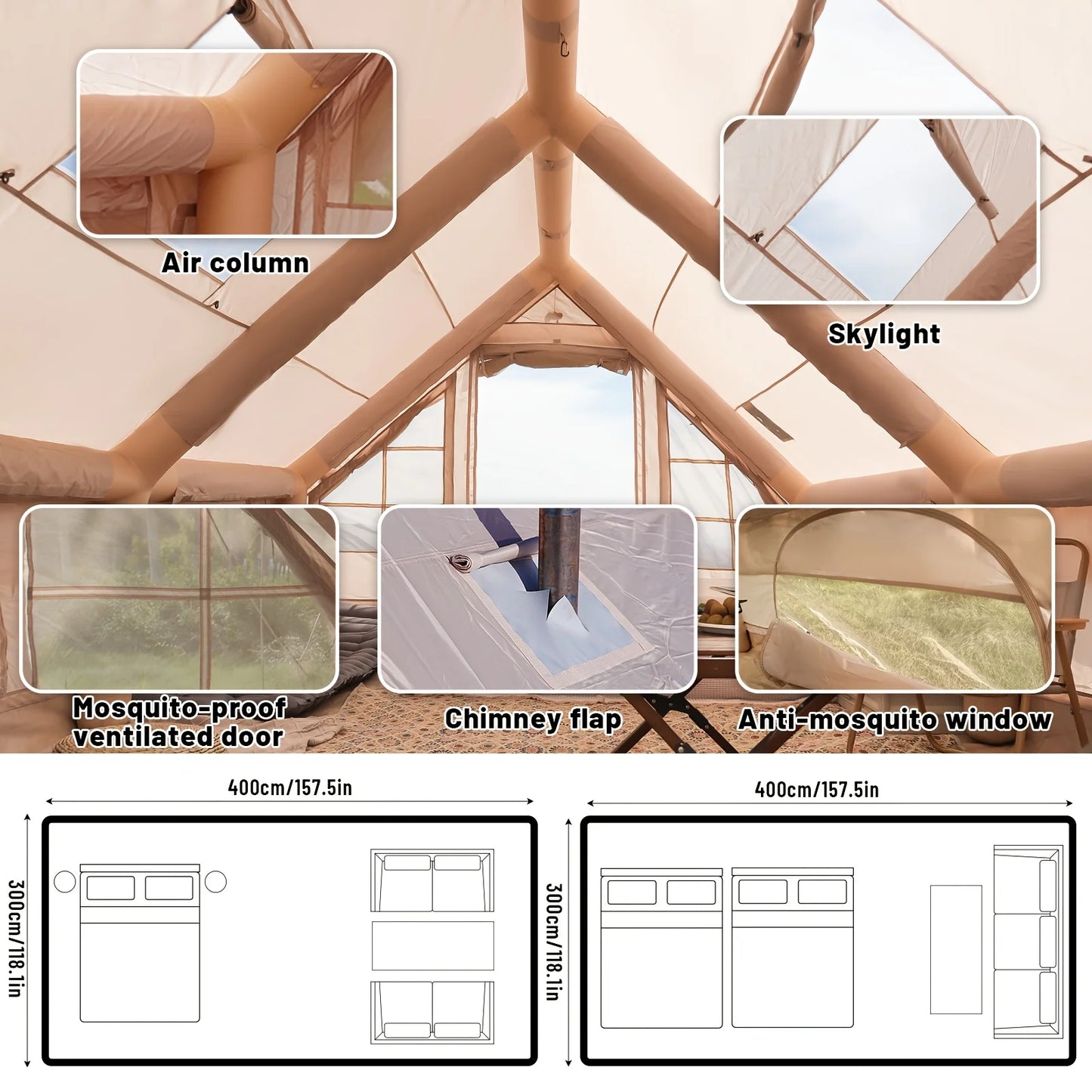 PAKICETUS Large Inflatable Camping Tent with Skylight, Quick Air-Flow & Breathable Mesh Design, Summer Glamping Hot Tents for Ca