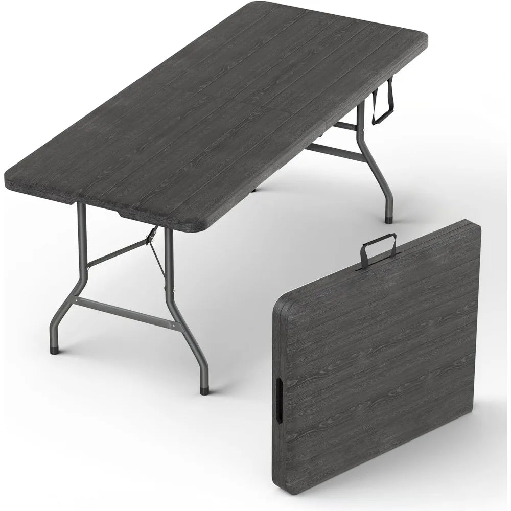Heavy Duty 6 Feet Folding Table with Steel Legs and Built-In Handle for Parties, Dining, Weddings, Outdoor Events, Camping