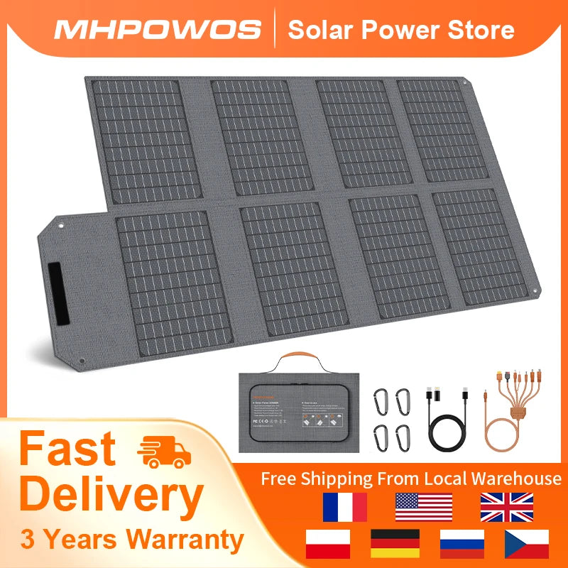 MHPOWOS 80W Foldable Solar Panel Portable Power Supply With 4 Ports (DC/USB-C/2xUSB-A) & 7-in-1 Connector for Emergency Backup