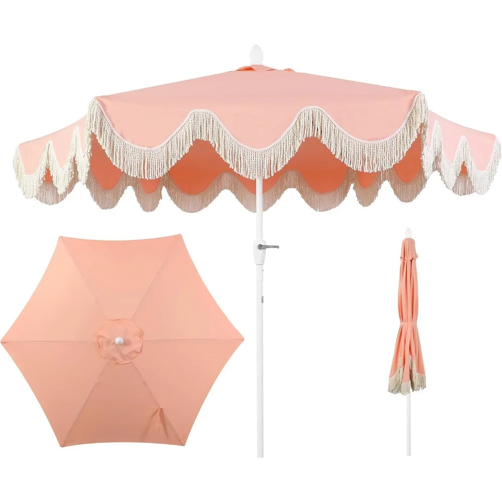 UMB1001J Collins 9 ft. Classic Cottage Fringe Tassel Market Patio Umbrella with Auto-Tilt Crank, Wind Vent and UV Protection in
