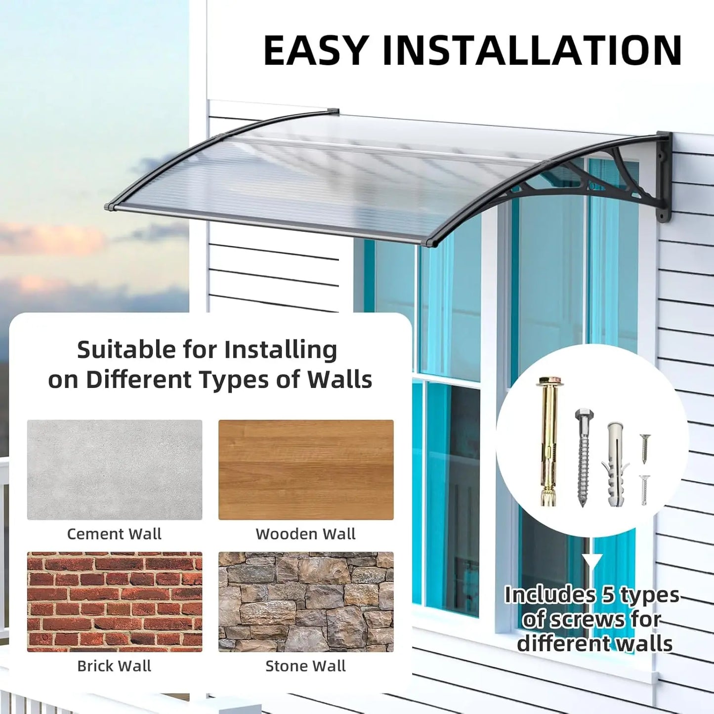 Awning Canopy for Door Window UV Rain Snow Sunlight Protection Polycarbonate Hollow Sheet Outdoor canopy Easy Install